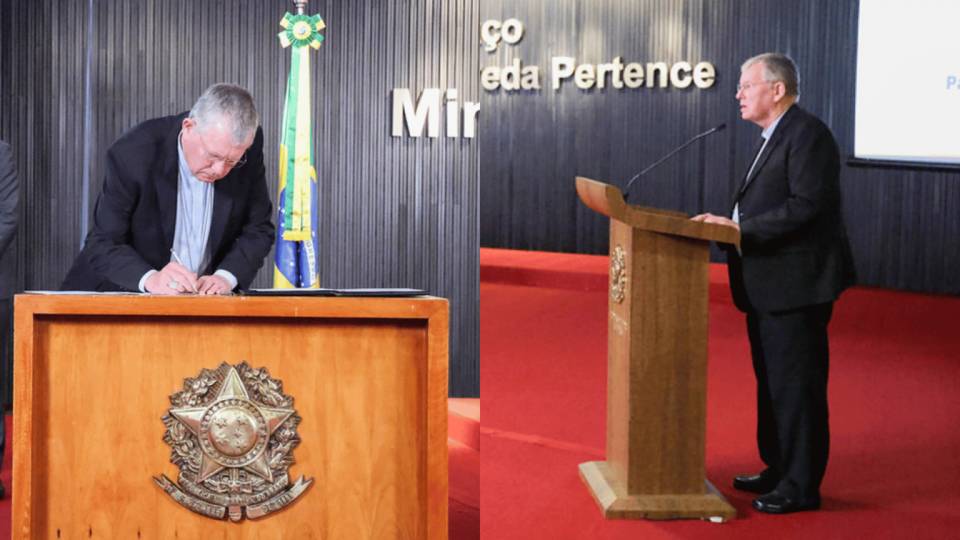 Dom Jaime Spengler durante assinatura do pacto e enquanto discursava para os presentes /Fotos: Antonio Augusto/TSE
